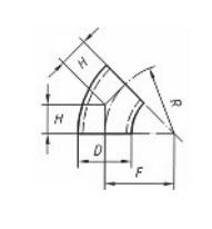 45° elbow - dimensions H (centre-to-end), F and radius R